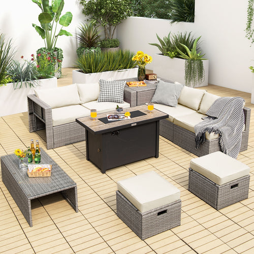 9 Piece Patio Furniture Set, 42 Inch 60000 BTU Fire Pit, White
