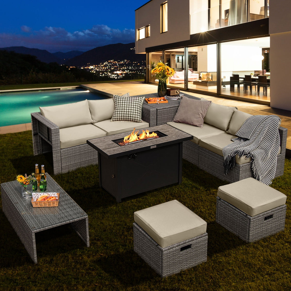 9 Piece Patio Furniture Set, 42 Inch 60000 BTU Fire Pit, White Patio Furniture Sets at Gallery Canada