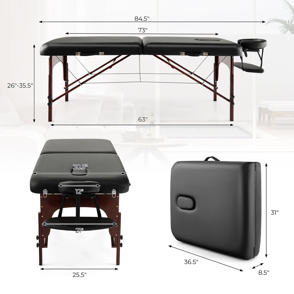 Folding Massage Table, Height-Adjustable Beech Wood Frame, Black Spa & Salon at Gallery Canada