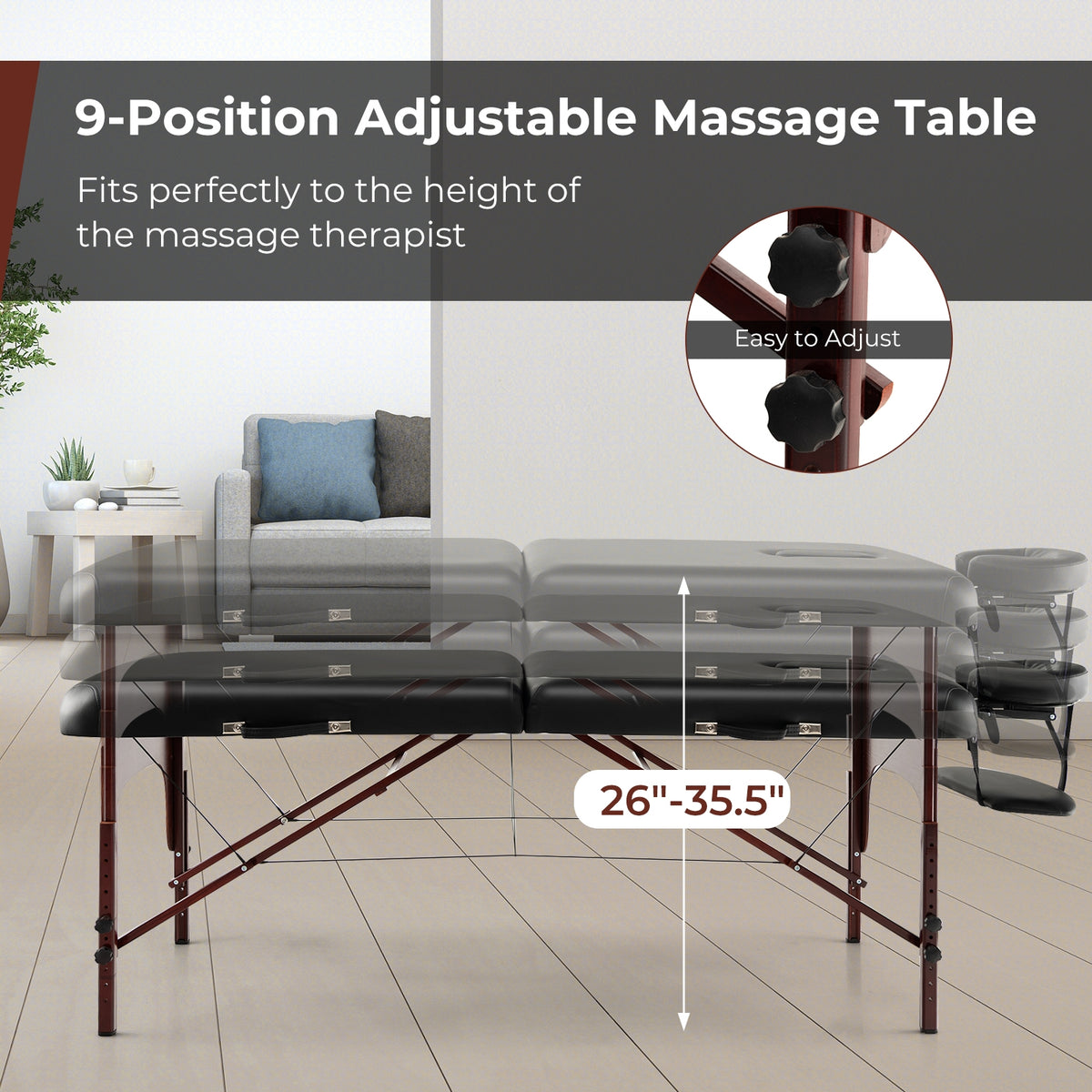 Folding Massage Table, Height-Adjustable Beech Wood Frame, Black Spa & Salon at Gallery Canada