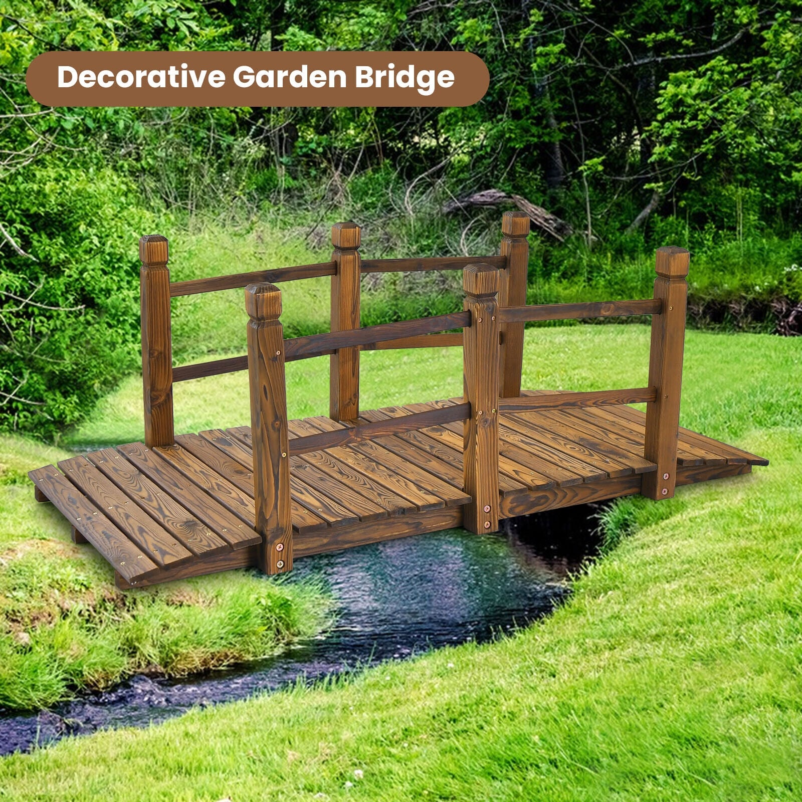 5 Feet Wooden Garden Bridge, With Safety Rails, Brown Outdoor Decor at Gallery Canada