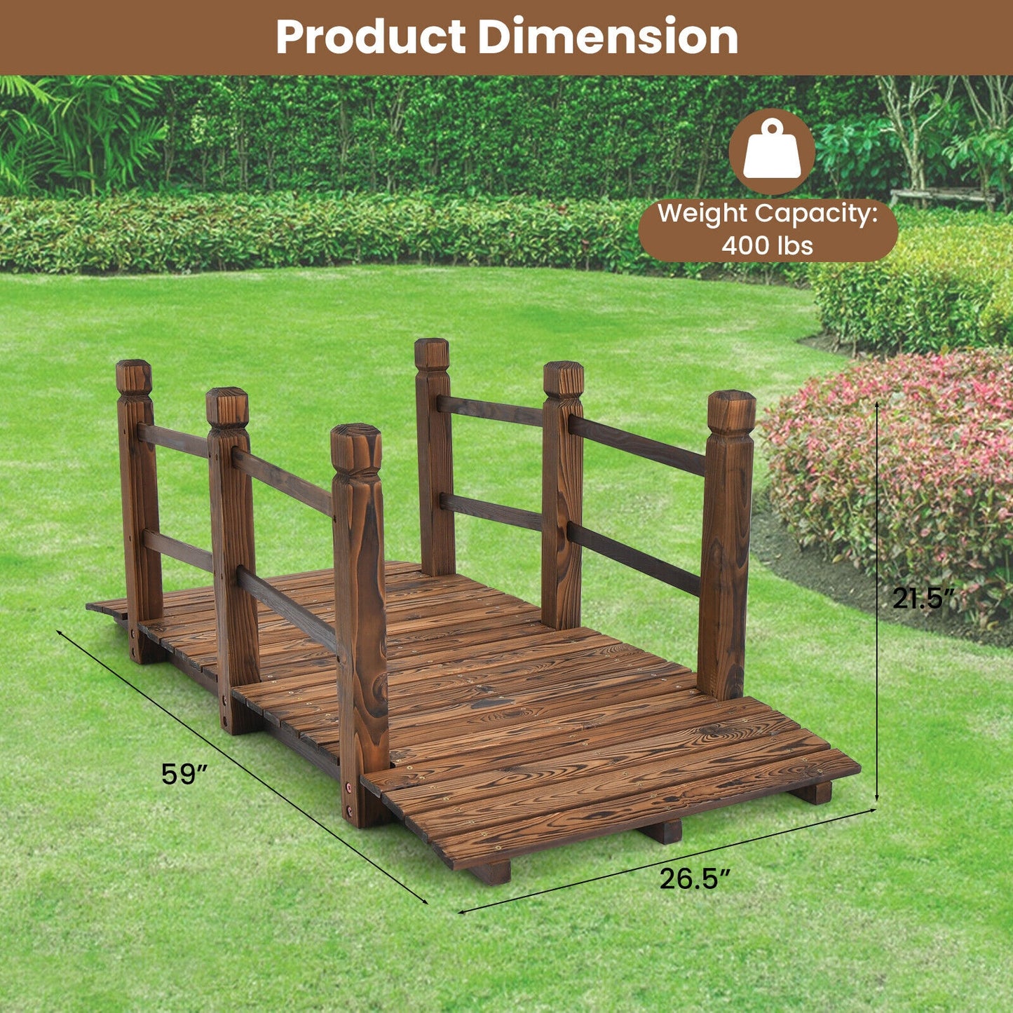 5 Feet Wooden Garden Bridge, With Safety Rails, Brown Outdoor Decor at Gallery Canada