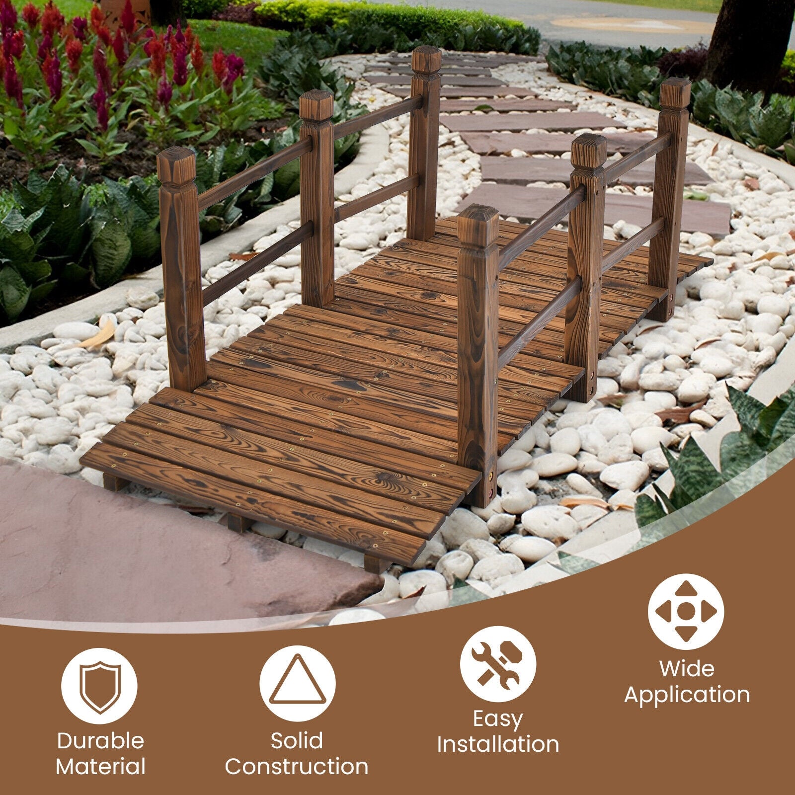 5 Feet Wooden Garden Bridge, With Safety Rails, Brown Outdoor Decor at Gallery Canada