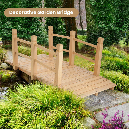 5 Feet Wooden Garden Bridge With Safety Rails, Natural