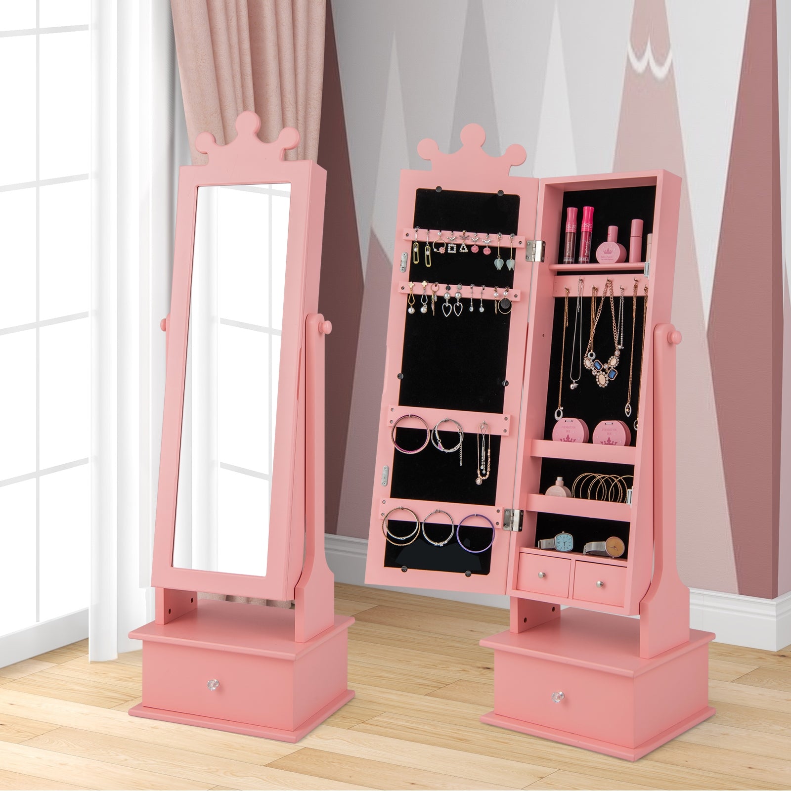2-in-1 Kids Play Jewelry Armoire With Full Length Mirror, Pink Kids Vanities at Gallery Canada