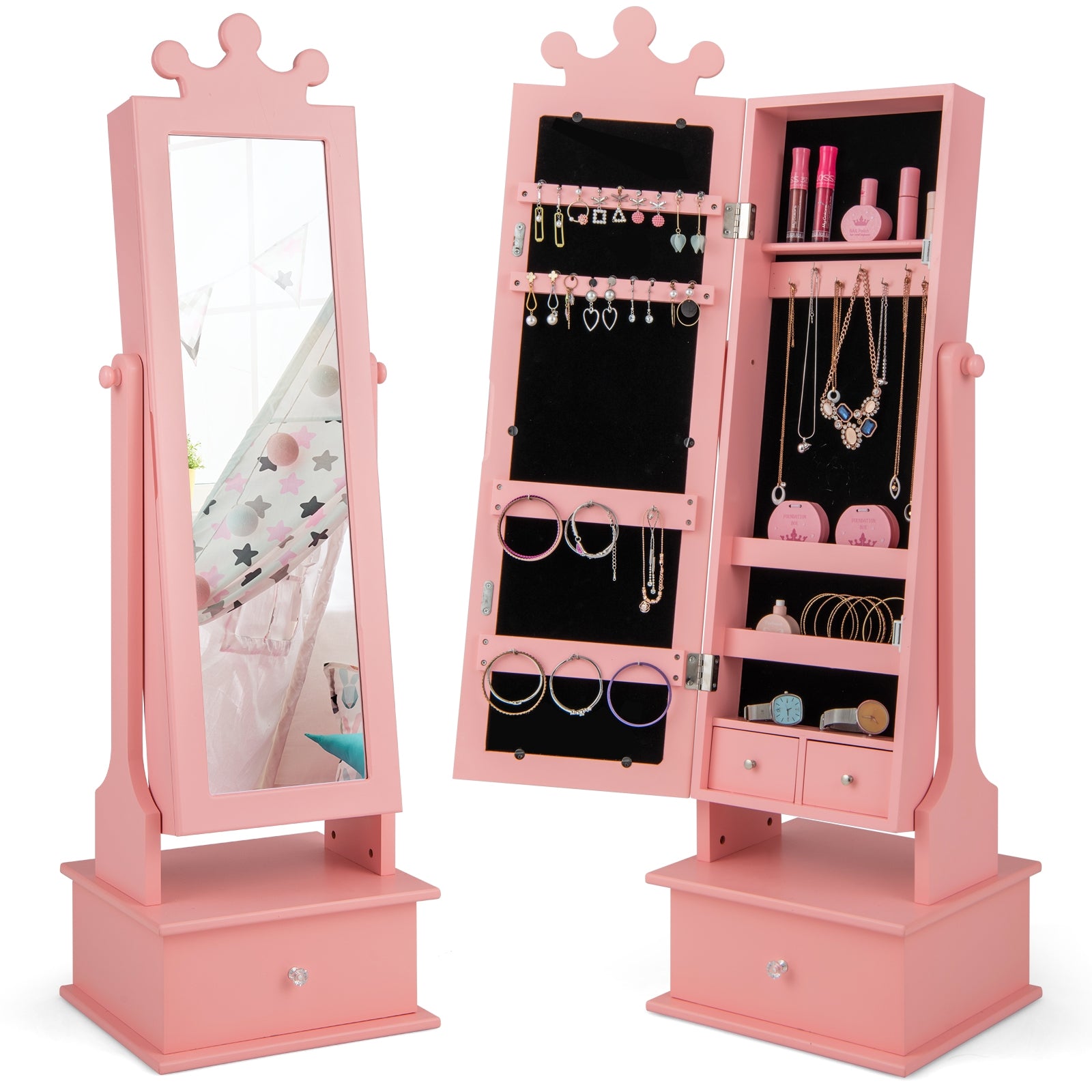 2-in-1 Kids Play Jewelry Armoire With Full Length Mirror, Pink Kids Vanities Pink at Gallery Canada