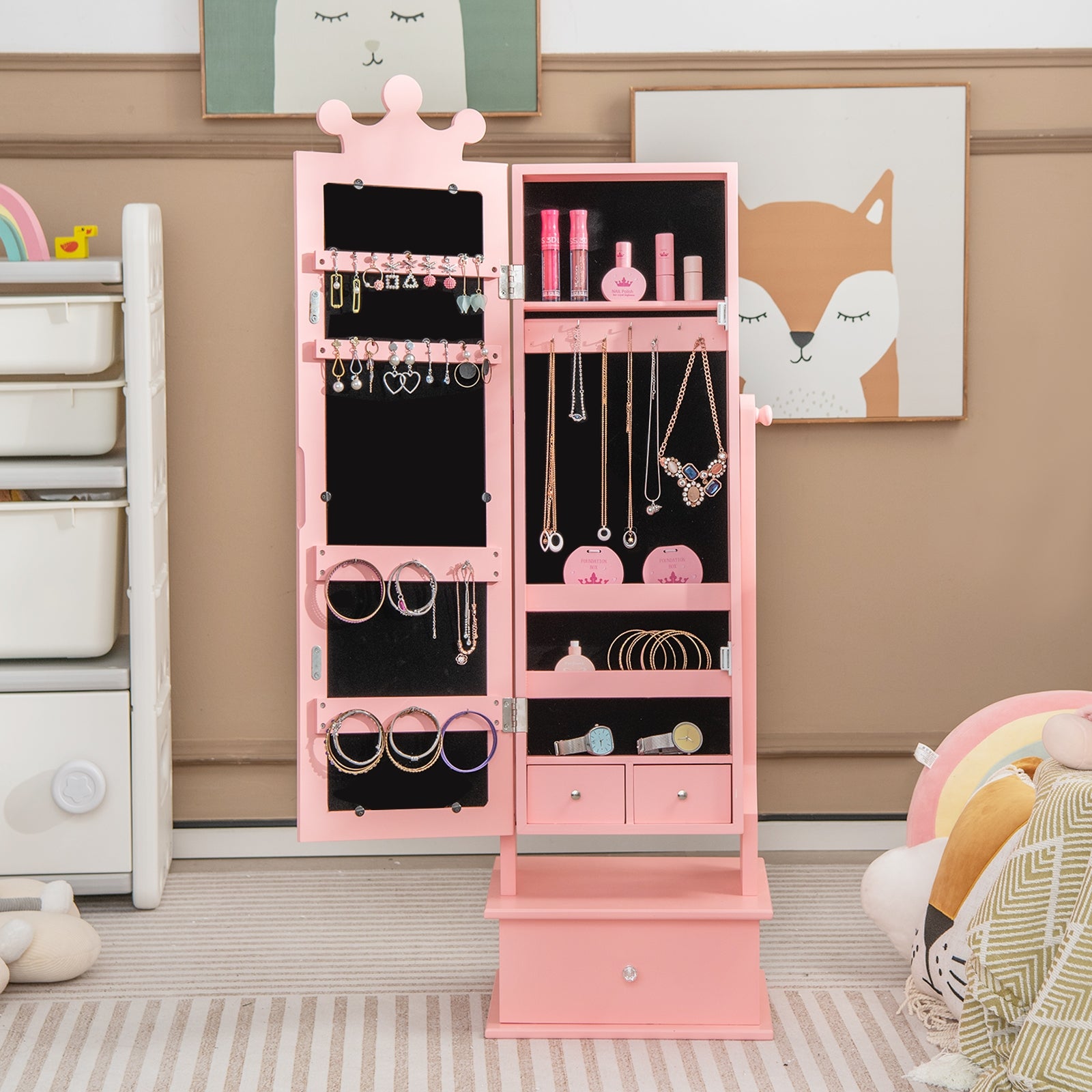 2-in-1 Kids Play Jewelry Armoire With Full Length Mirror, Pink Kids Vanities at Gallery Canada