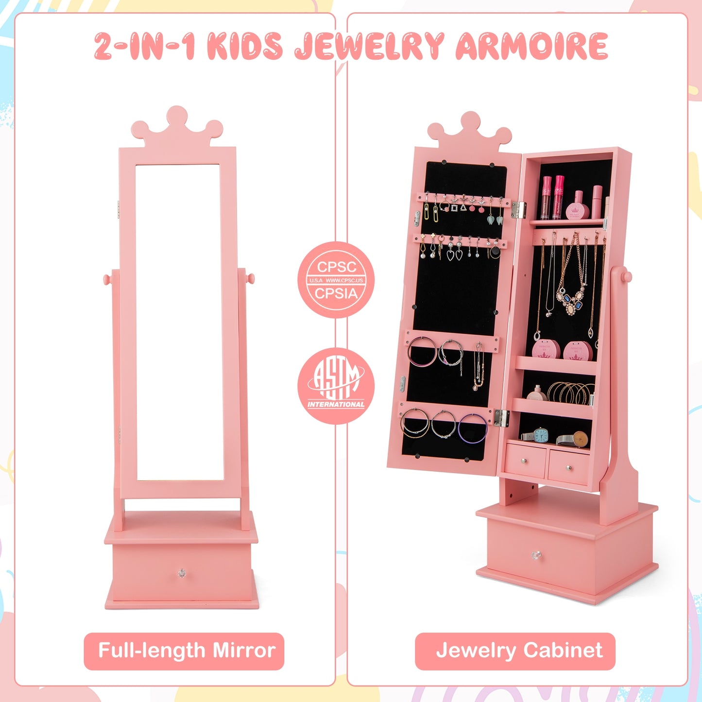 2-in-1 Kids Play Jewelry Armoire With Full Length Mirror, Pink Kids Vanities at Gallery Canada