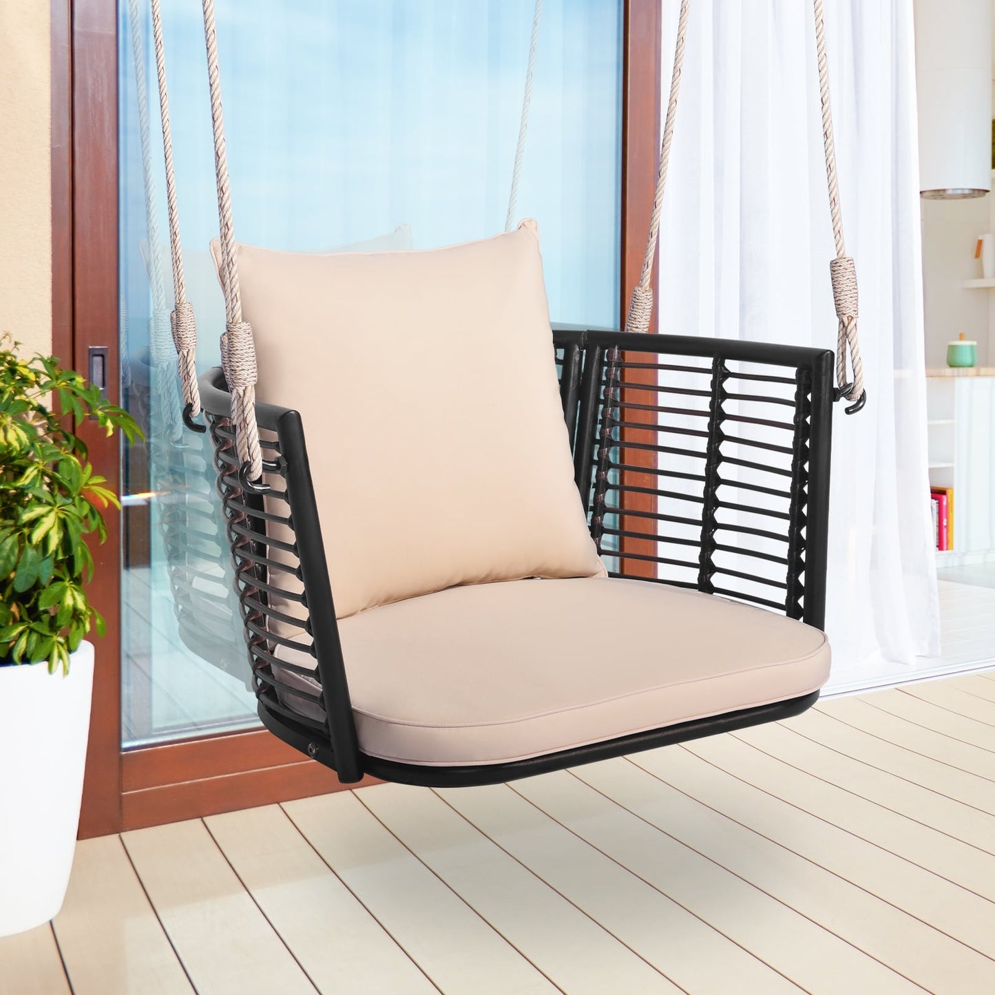 Single Person Hanging Seat, Woven Rattan Backrest, Beige Patio Rocking Chairs & Gliders at Gallery Canada
