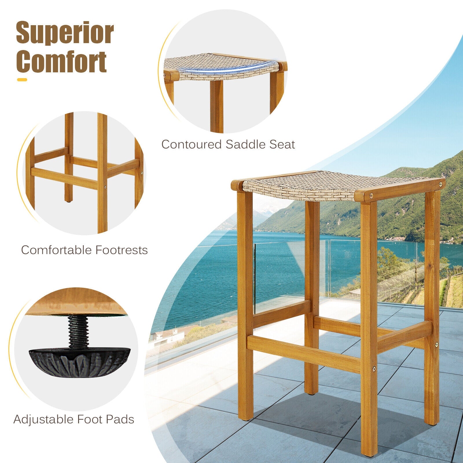 Patio Wood Bar Stools, Set of 2/4 Pieces, Natural Patio Bar Furniture at Gallery Canada