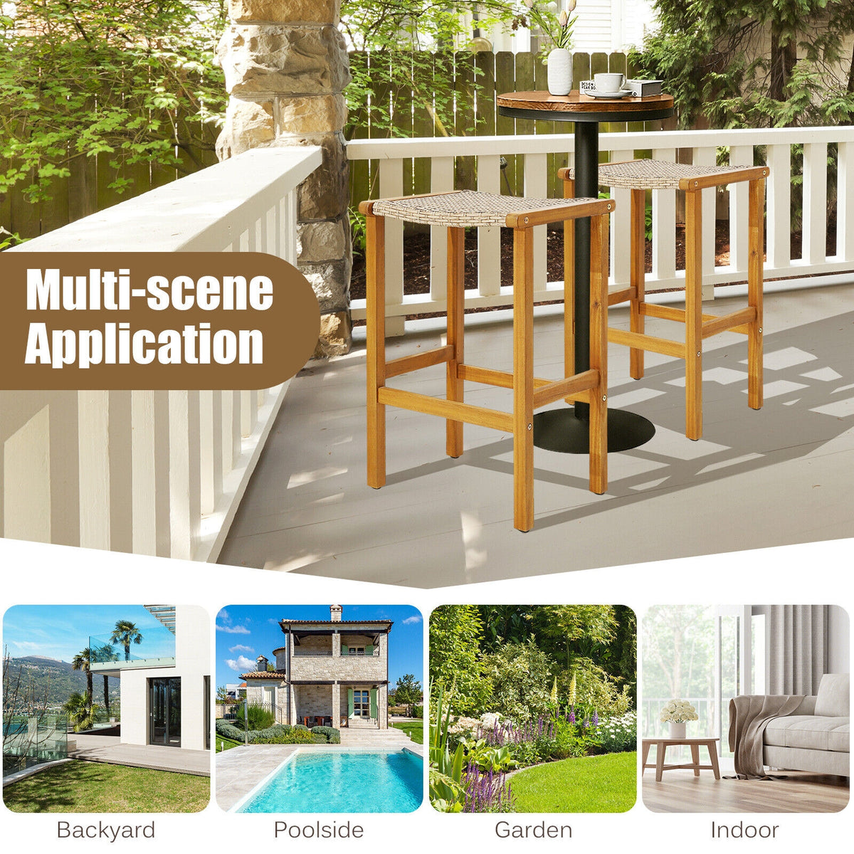 Patio Wood Bar Stools, Set of 2/4 Pieces, Natural Patio Bar Furniture at Gallery Canada