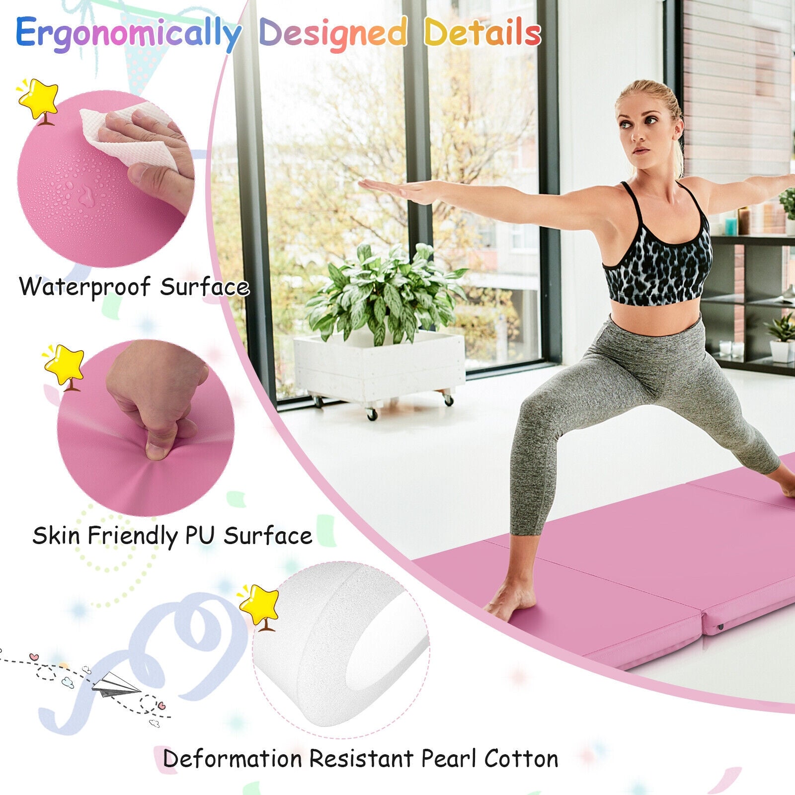 6 x 2 FT Tri-Fold Gym Mat, Handles, Removable Cover, Pink Yoga & Gym Mats at Gallery Canada