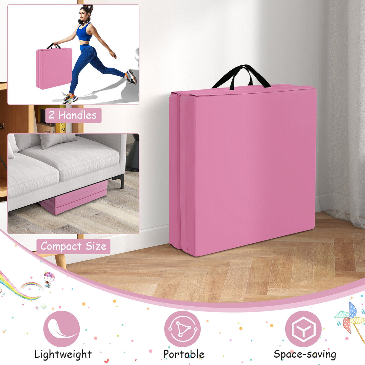 6 x 2 FT Tri-Fold Gym Mat, Handles, Removable Cover, Pink Yoga & Gym Mats at Gallery Canada