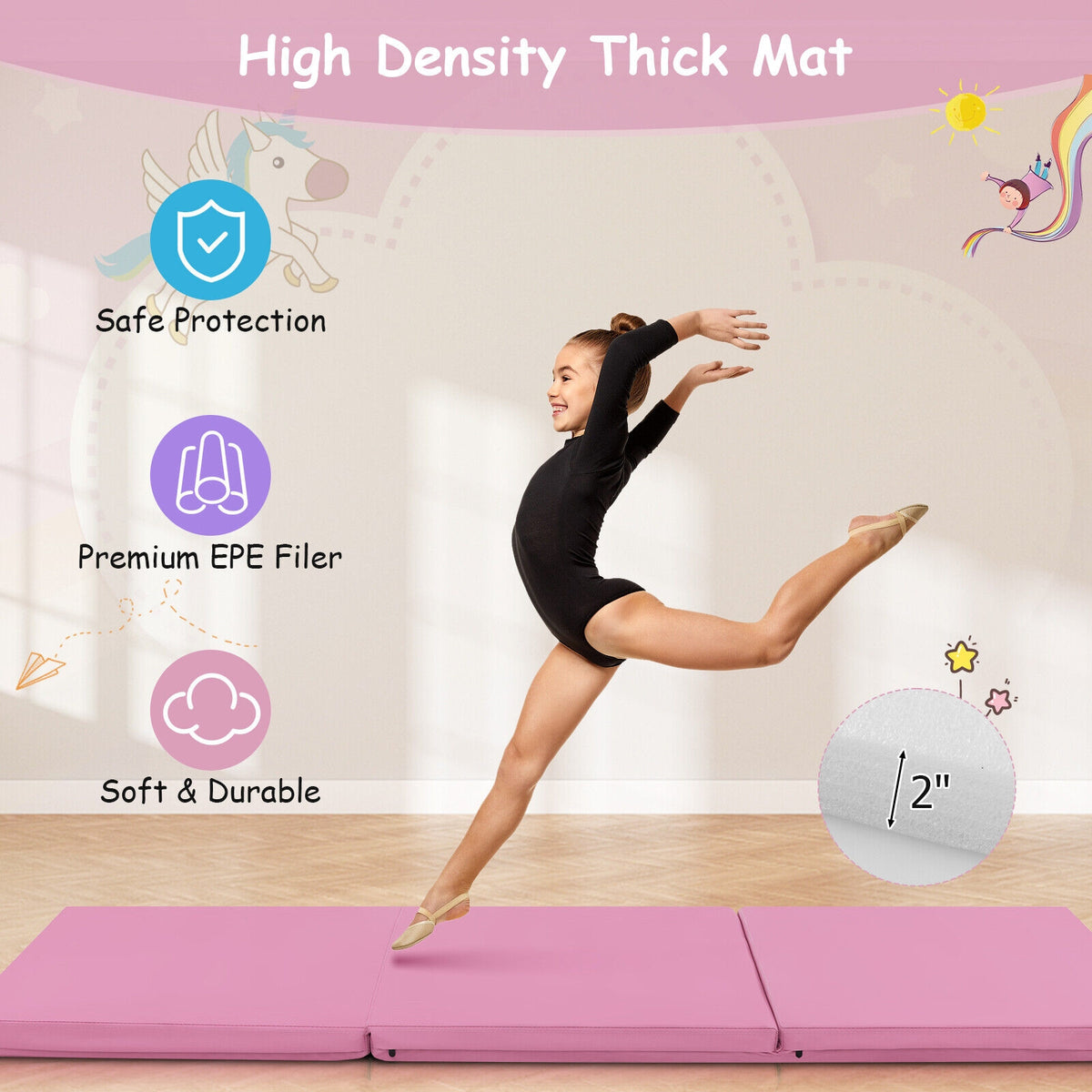 6 x 2 FT Tri-Fold Gym Mat, Handles, Removable Cover, Pink Yoga & Gym Mats at Gallery Canada