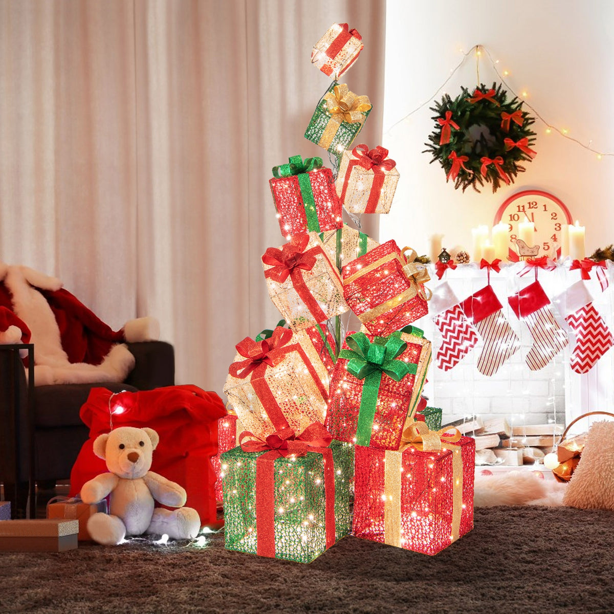 15 Stacked Lighted Christmas Gift Box Tower, 450 Warm White Lights, Multicolor Christmas Decor & Accessories at Gallery Canada