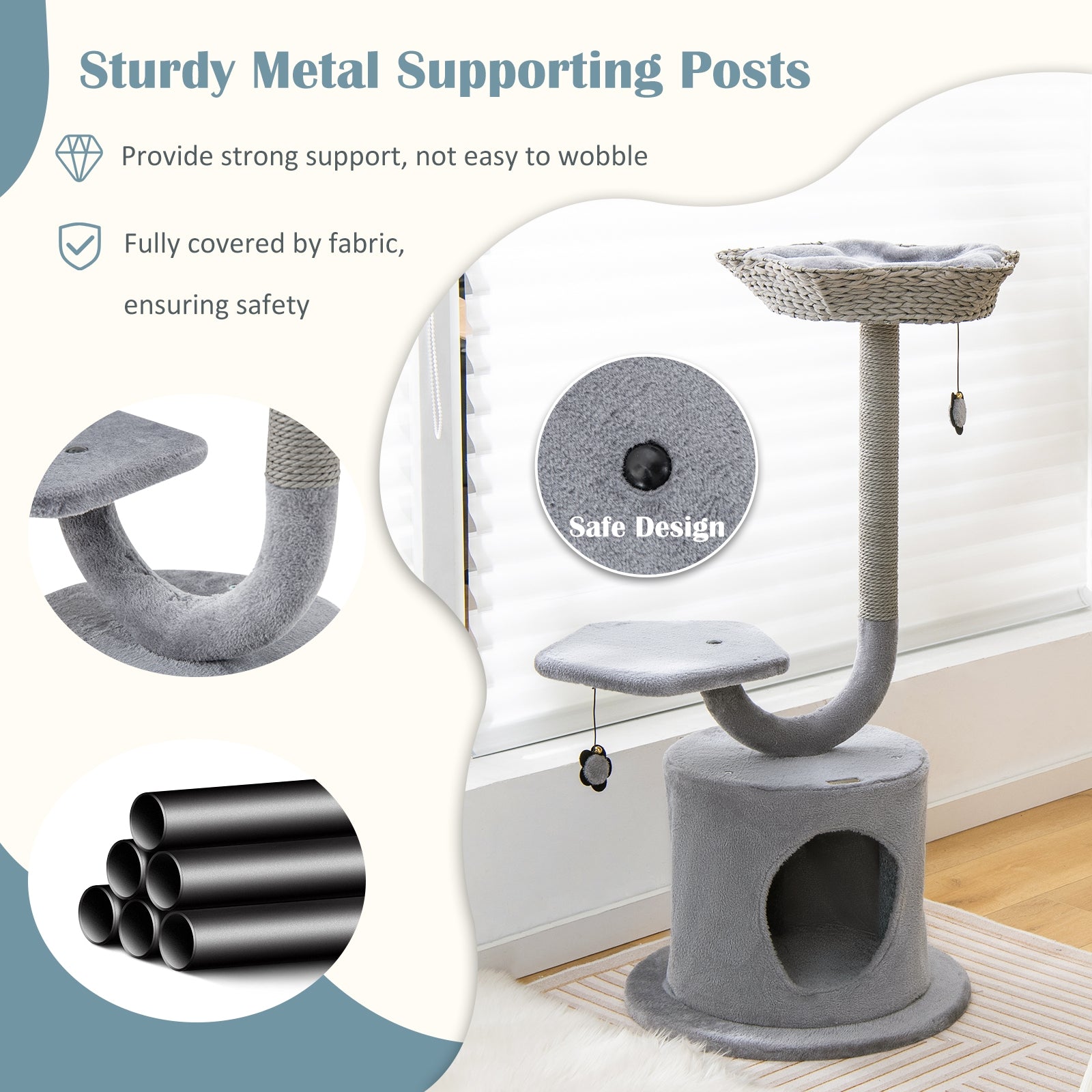 42 Inch Cat Tree, Curved Metal Frame, Sisal Scratching Board, Gray Cat Trees Condos & Scratchers at Gallery Canada