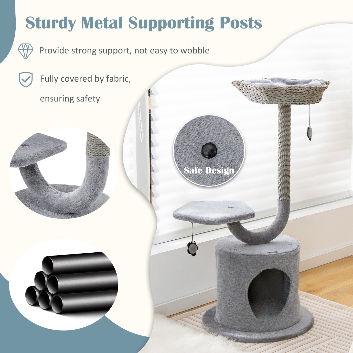 42 Inch Cat Tree, Curved Metal Frame, Sisal Scratching Board, Gray Cat Trees Condos & Scratchers at Gallery Canada