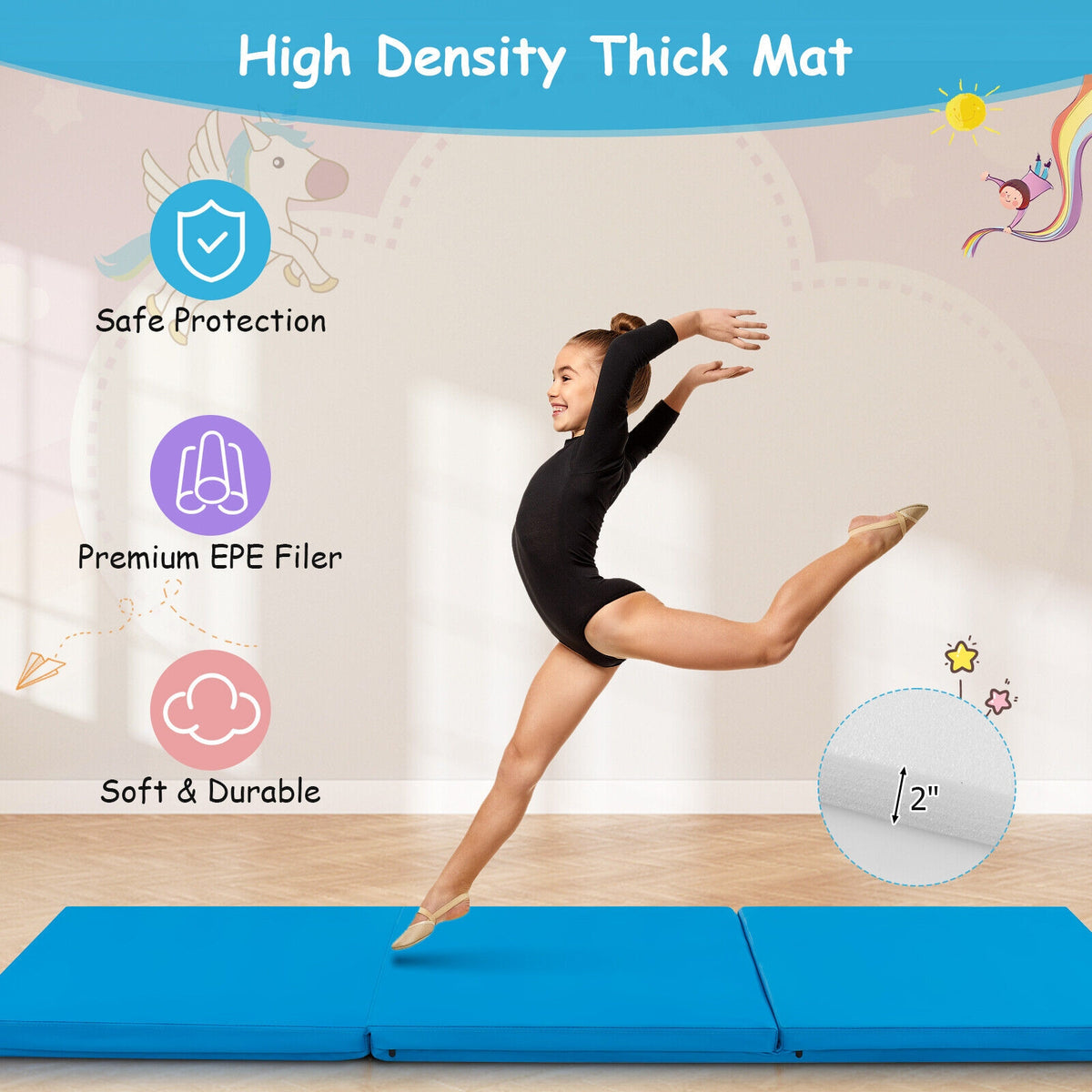 6 x 2 FT Tri-Fold Gym Mat, With Handles And Removable Cover, Blue Yoga & Gym Mats at Gallery Canada