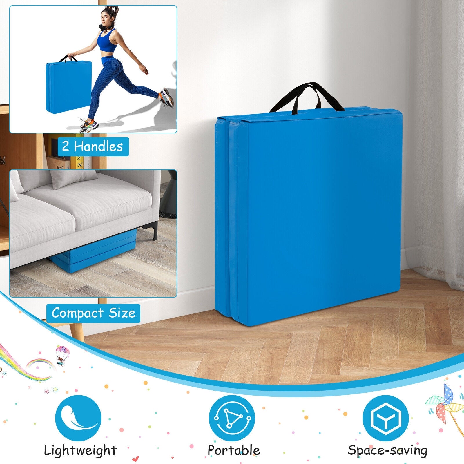 6 x 2 FT Tri-Fold Gym Mat, With Handles And Removable Cover, Blue Yoga & Gym Mats at Gallery Canada