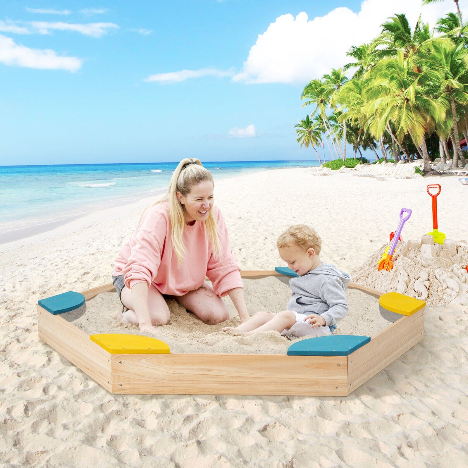 Outdoor Solid Wood Sandbox, 6 Fan-Shaped Seats, Multicolor Sandboxes at Gallery Canada