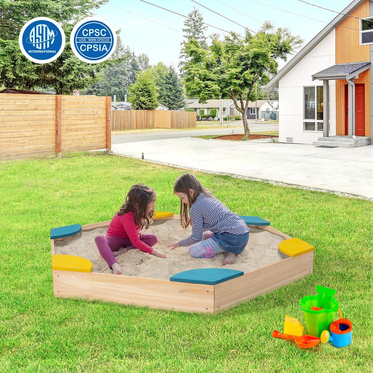 Outdoor Solid Wood Sandbox, 6 Fan-Shaped Seats, Multicolor Sandboxes at Gallery Canada