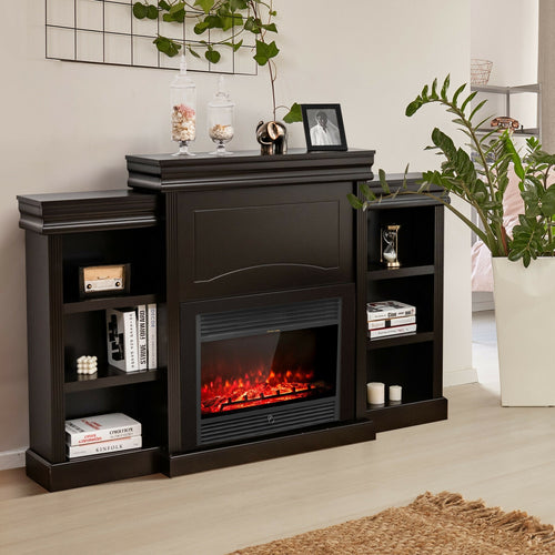 70 Inch Modern Fireplace Media Center With Bookcase, Brown