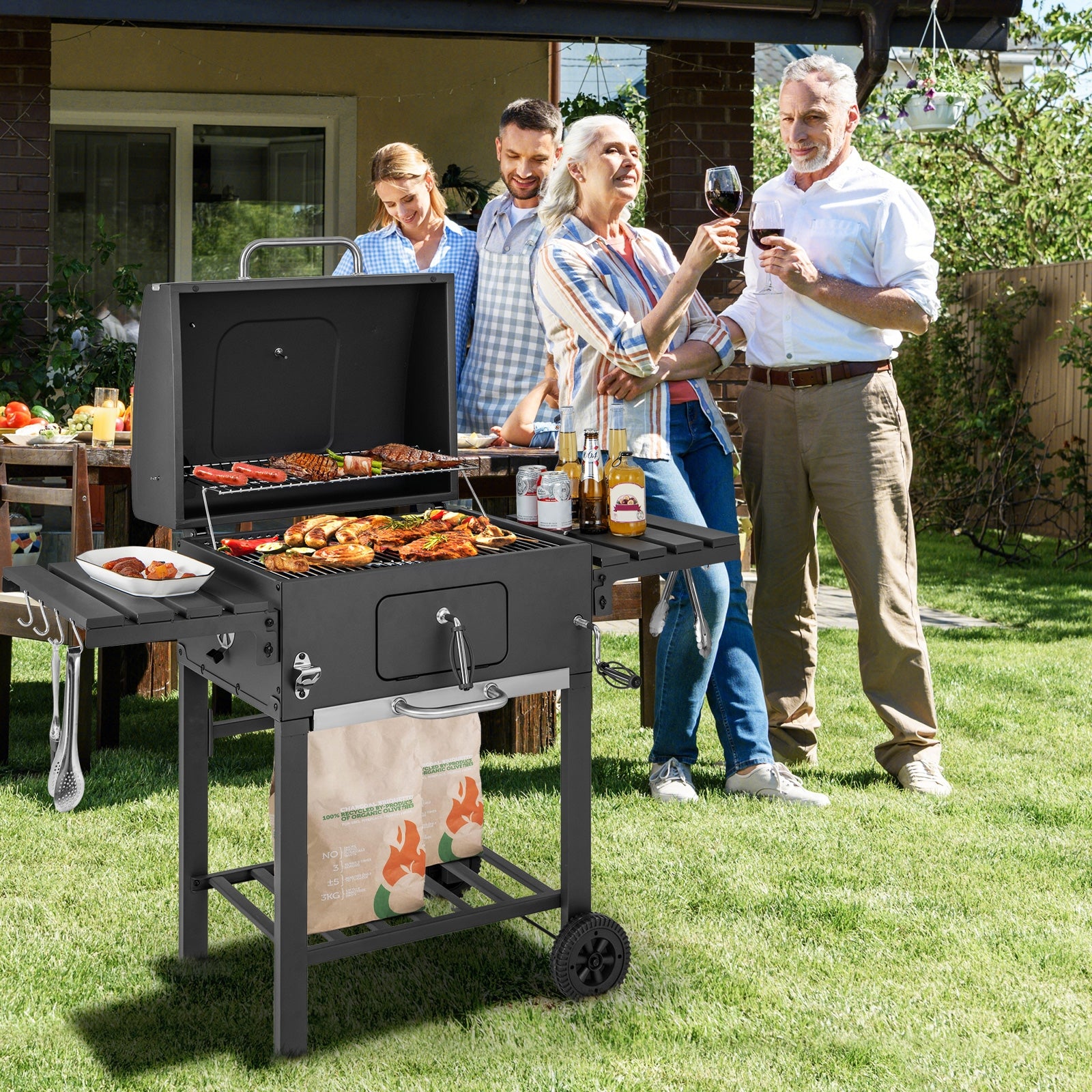 Outdoor Charcoal Grill With 2 Foldable Side Tables, Wheels, Black Outdoor Grills at Gallery Canada