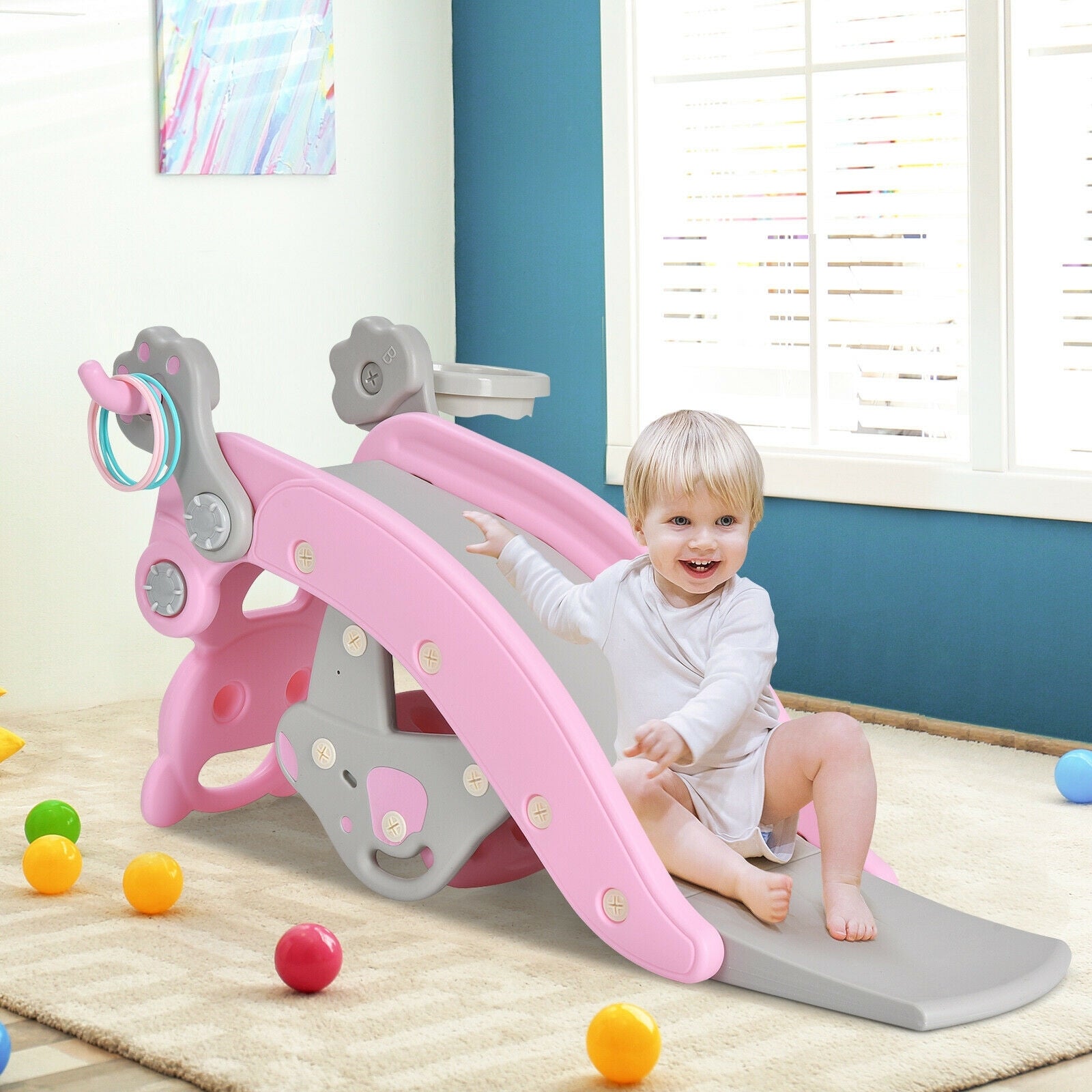 4-In-1 Toddler Slide, Rocking Horse Playset With Basketball Hoop, Pink Climbers & Slides at Gallery Canada