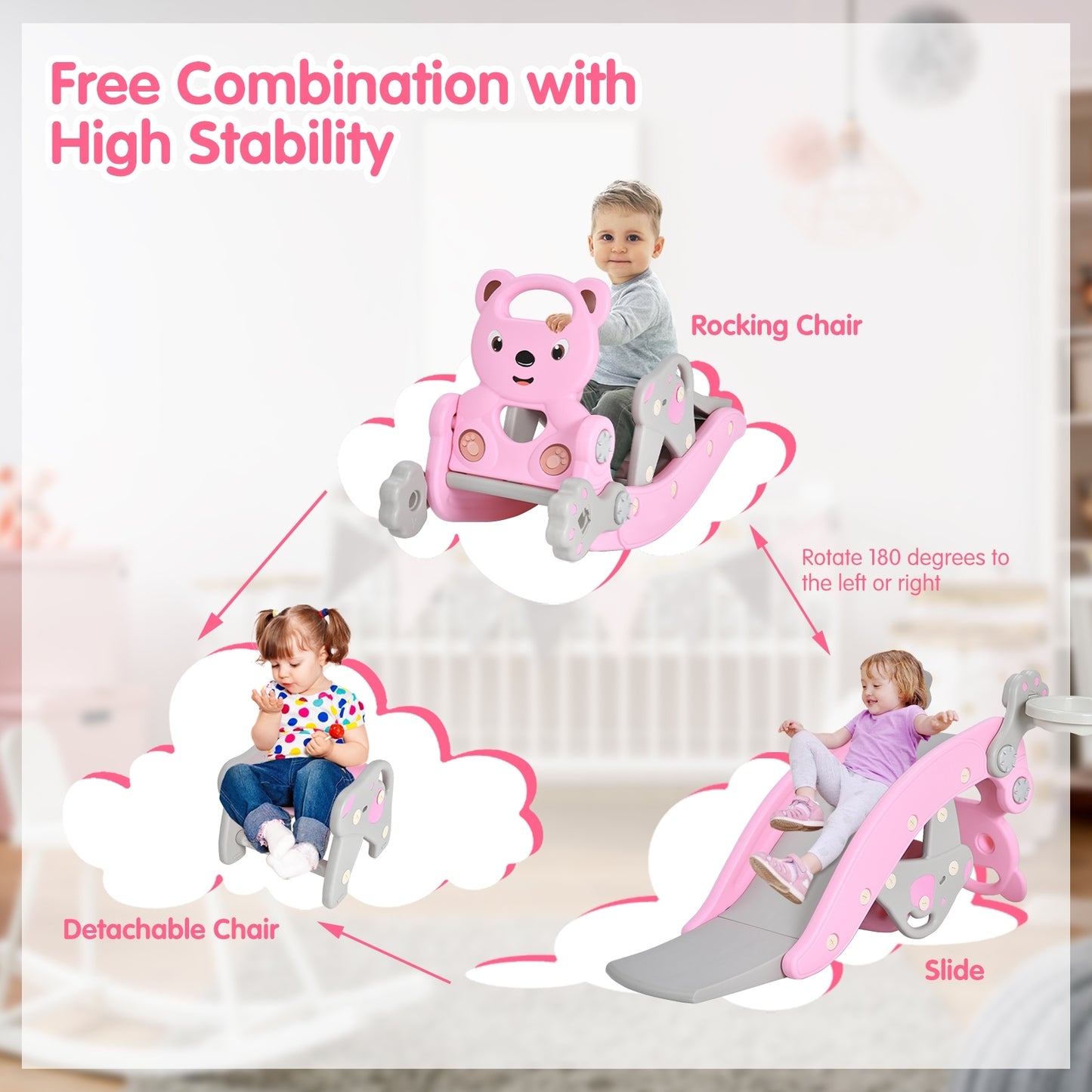 4-In-1 Toddler Slide, Rocking Horse Playset With Basketball Hoop, Pink Climbers & Slides at Gallery Canada