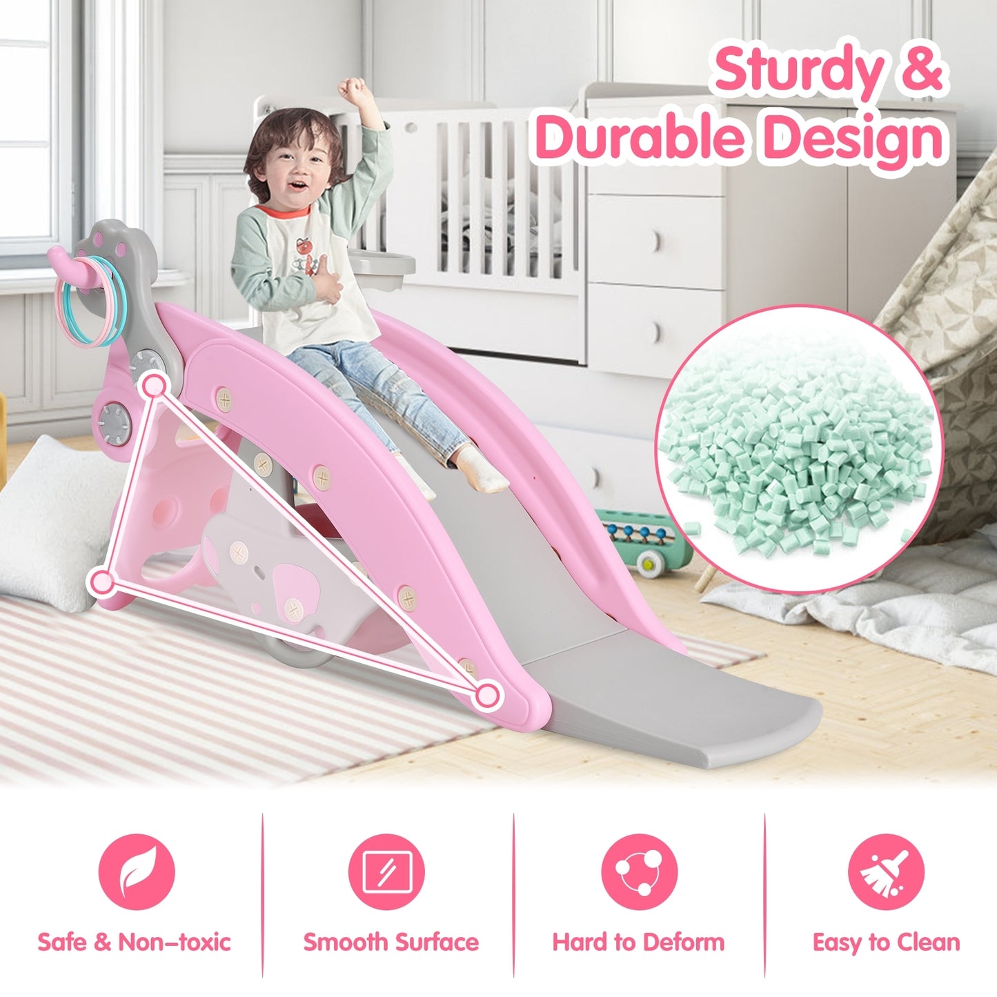 4-In-1 Toddler Slide, Rocking Horse Playset With Basketball Hoop, Pink Climbers & Slides at Gallery Canada