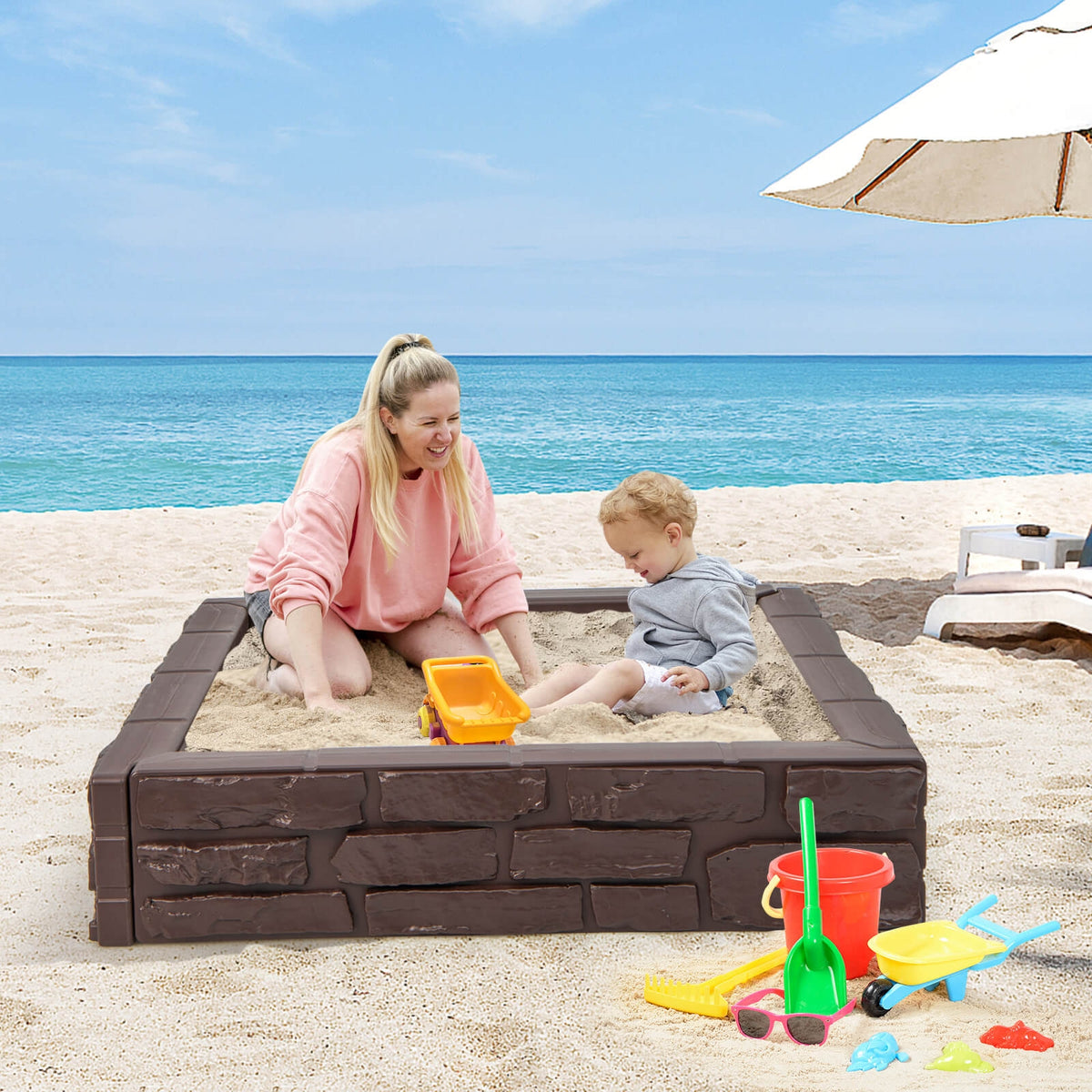 HDPE Kids Sandbox With Cover, Bottom Liner, 2-In-1, Brown Sandboxes at Gallery Canada