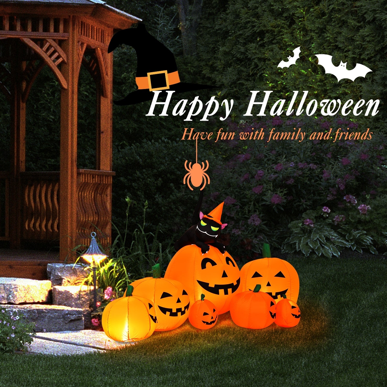 7.5 Feet Inflatable Pumpkin Combo, Witch Black Cat, Orange Halloween at Gallery Canada