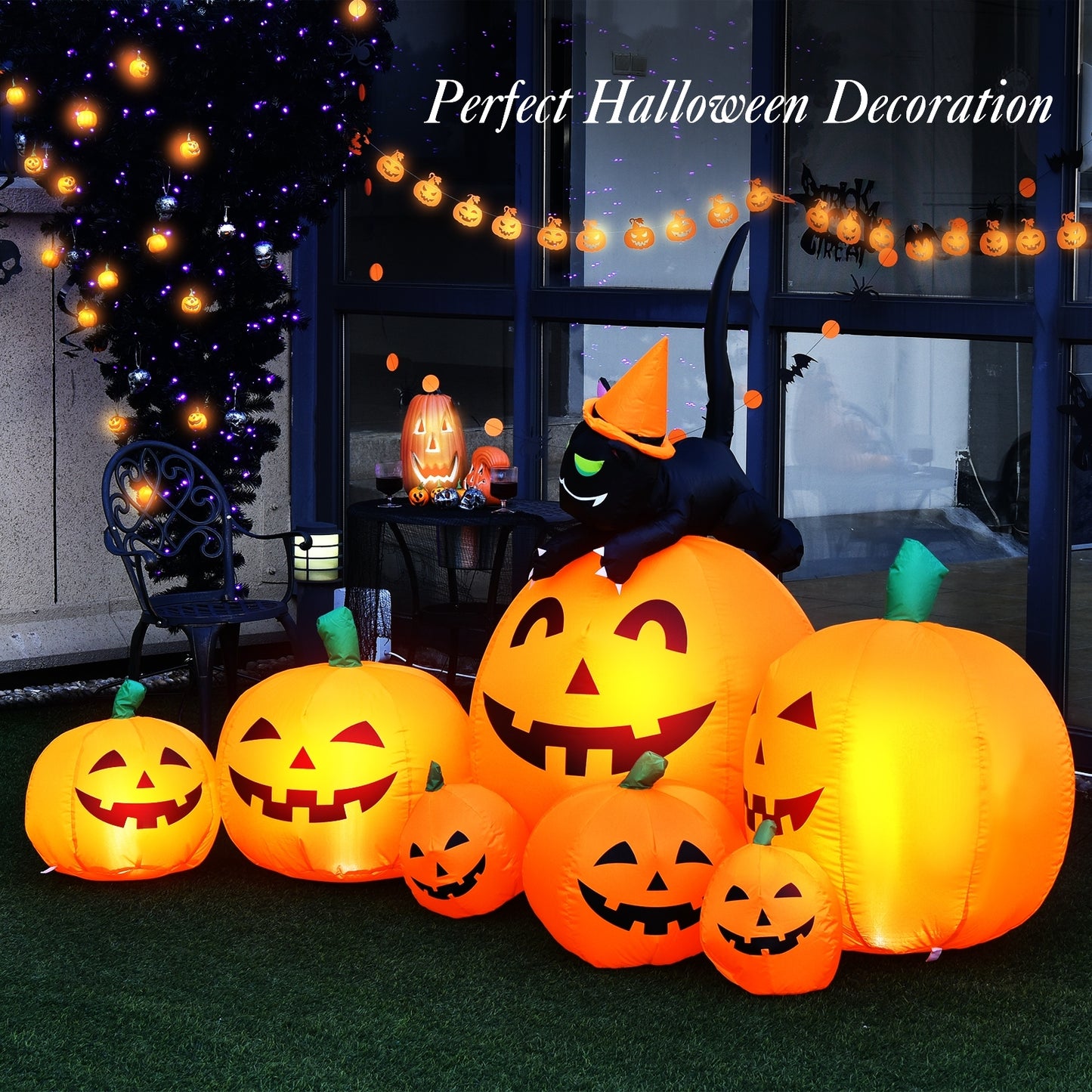 7.5 Feet Inflatable Pumpkin Combo, Witch Black Cat, Orange Halloween at Gallery Canada