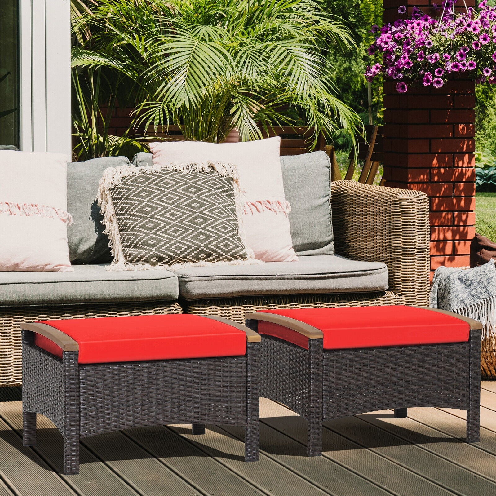 Set Of 2 Fade-Resistant Wicker Patio Ottoman, Red Outdoor Seating & Patio Chairs at Gallery Canada