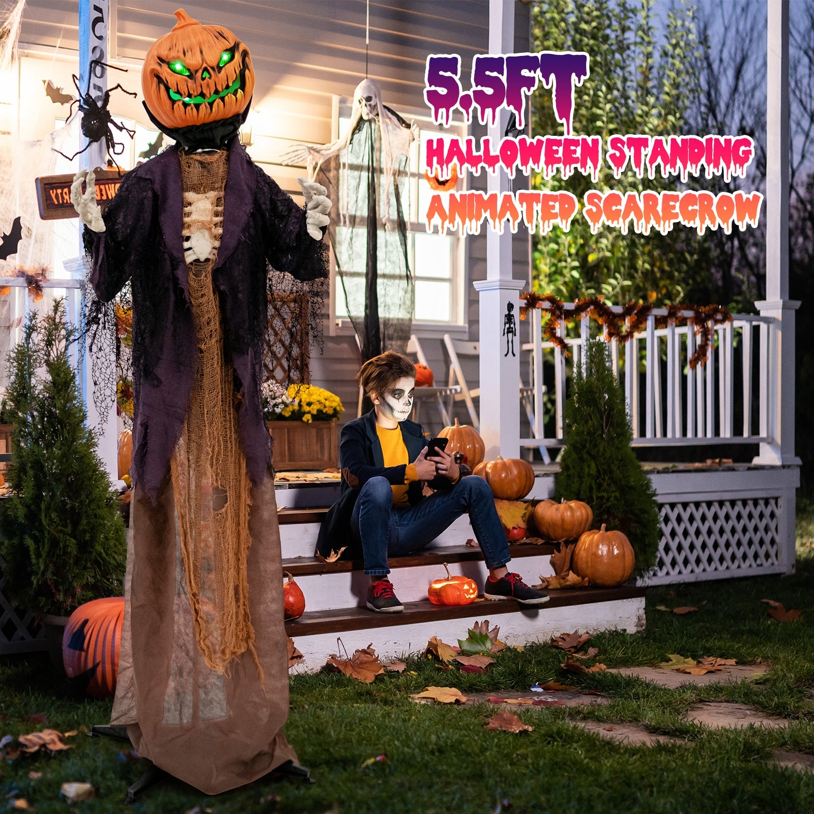5.6 Feet Halloween Animated Standing Pumpkin Scarecrow, Multicolor Halloween at Gallery Canada