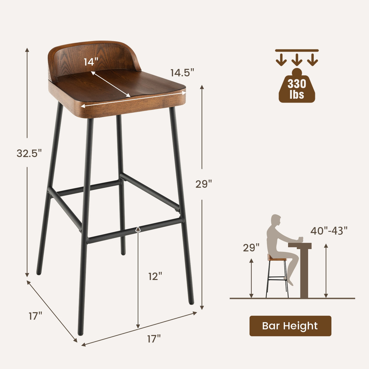 29 Inch Industrial Bar Stools, Set of 2, Brown Bar Stools at Gallery Canada
