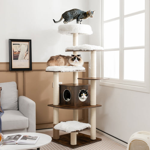 7-Layer Wooden Cat Tree Tower, Sisal Posts, Condo, Brown