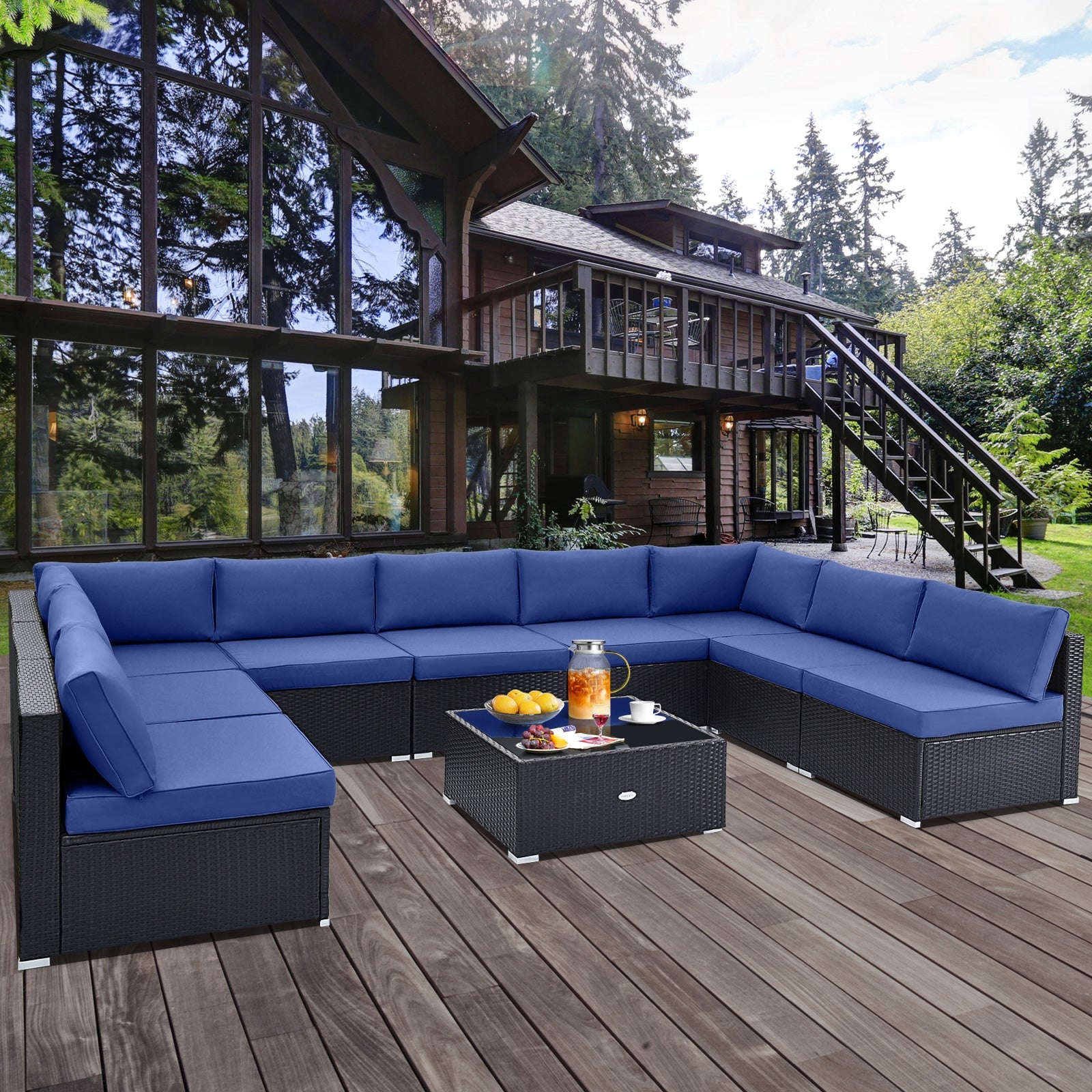 10 Piece Outdoor Wicker Conversation Set with Seat and Back Cushions, Navy Patio Conversation Sets at Gallery Canada