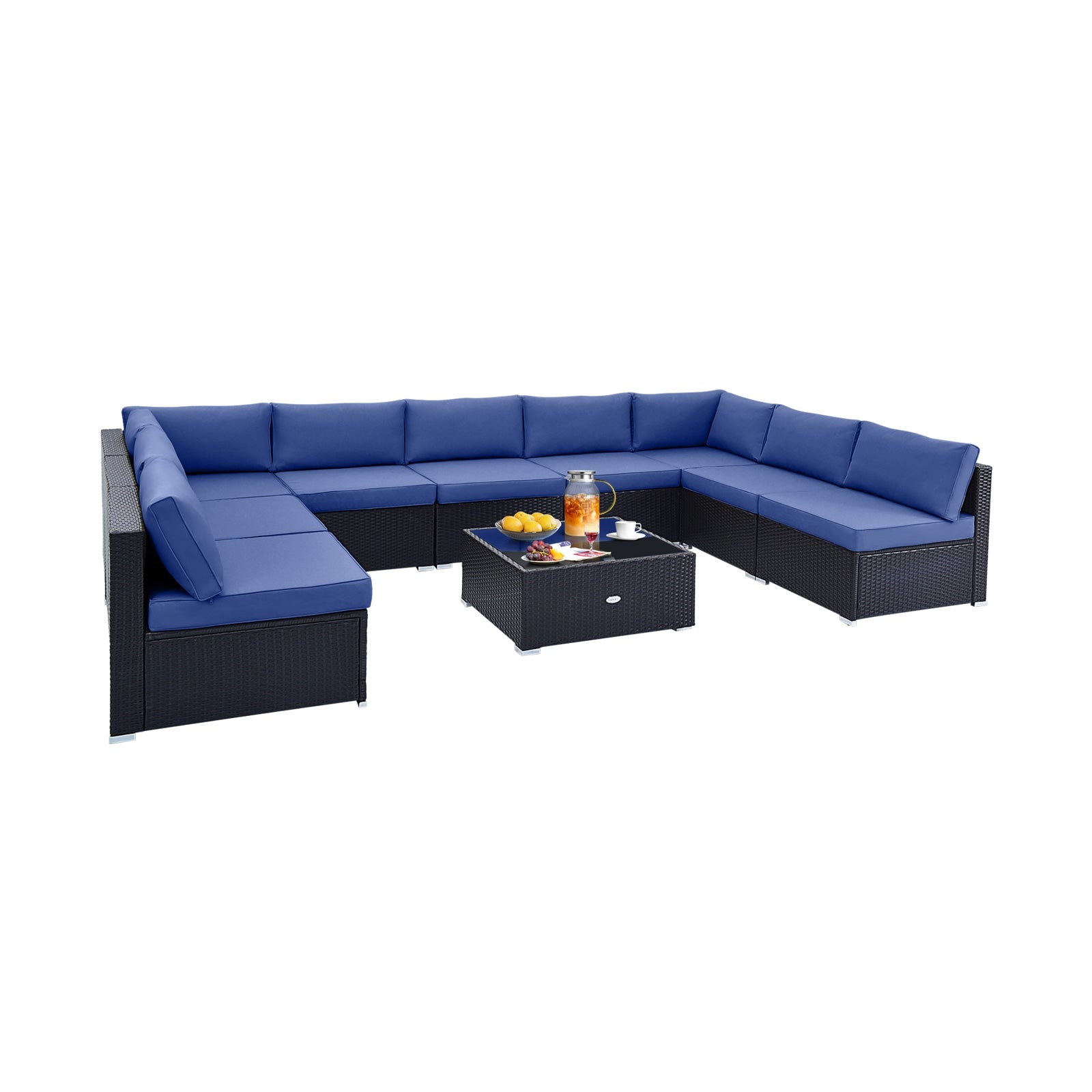10 Piece Outdoor Wicker Conversation Set with Seat and Back Cushions, Navy Patio Conversation Sets Navy at Gallery Canada