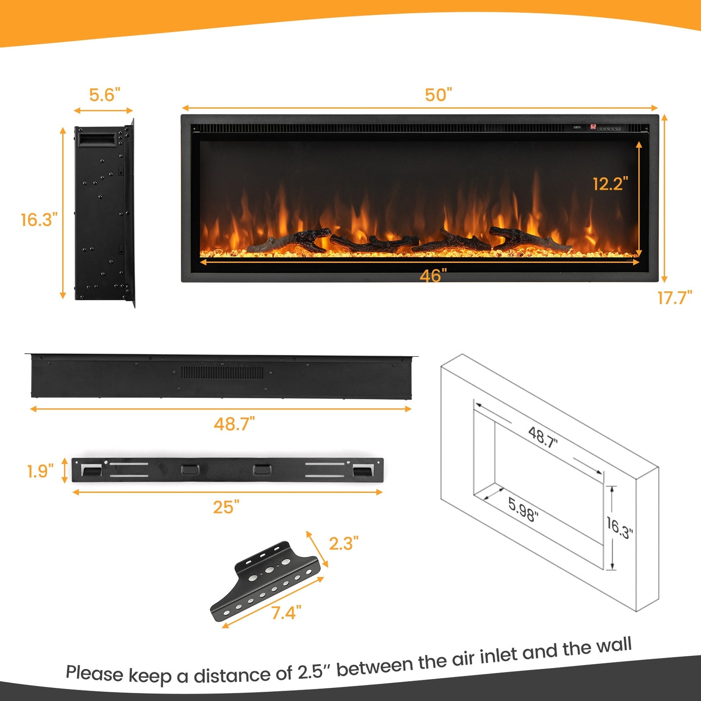 50 Inches Electric Fireplace, In-Wall Recessed, Remote Control, Adjustable Color, Black Fireplaces at Gallery Canada