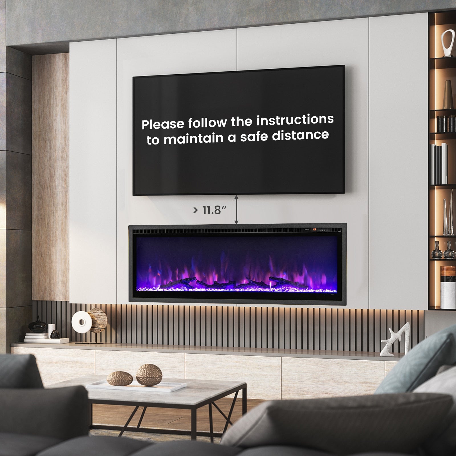 50 Inches Electric Fireplace, In-Wall Recessed, Remote Control, Adjustable Color, Black Fireplaces at Gallery Canada