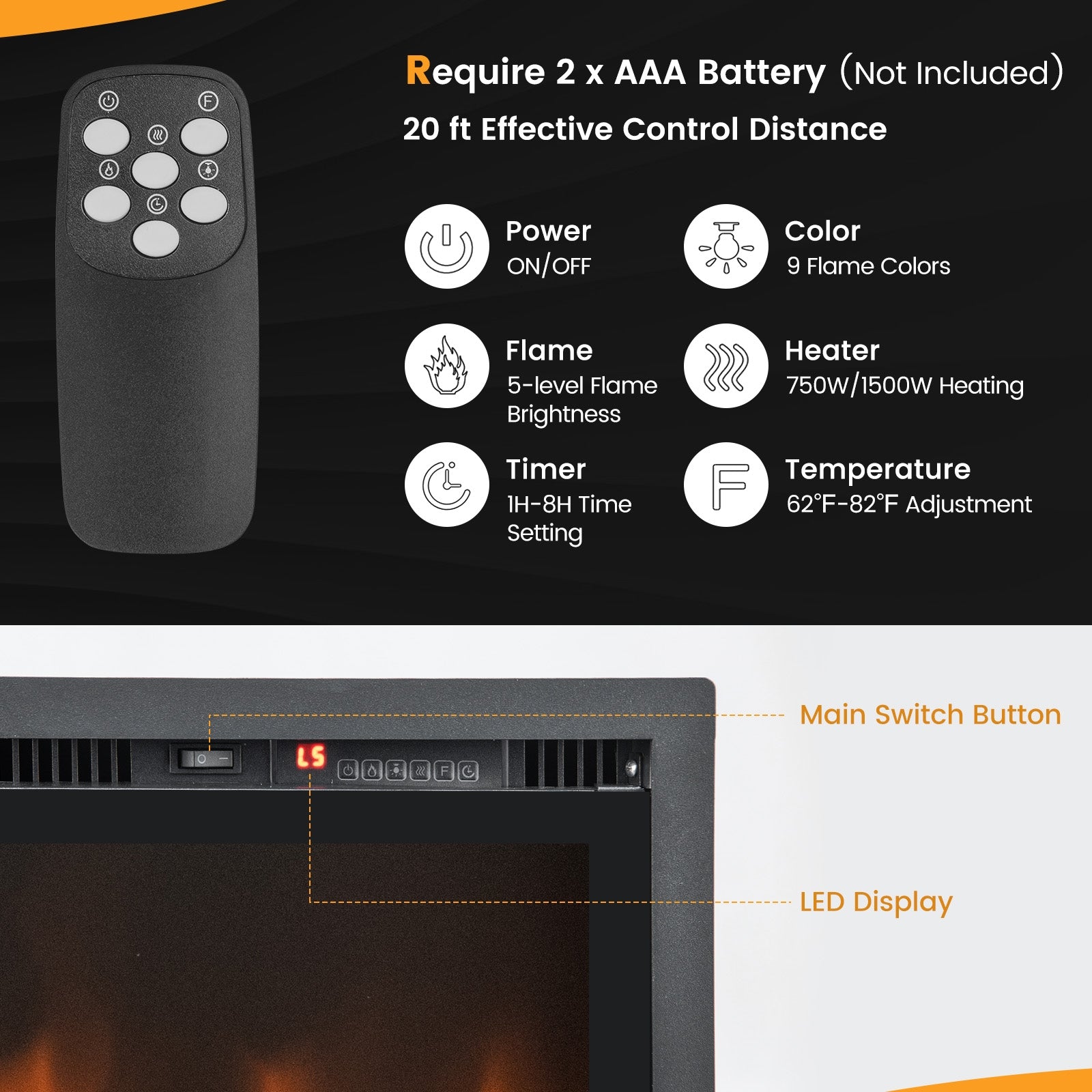 50 Inches Electric Fireplace, In-Wall Recessed, Remote Control, Adjustable Color, Black Fireplaces at Gallery Canada