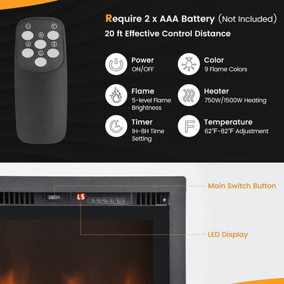50 Inches Electric Fireplace, In-Wall Recessed, Remote Control, Adjustable Color, Black Fireplaces at Gallery Canada