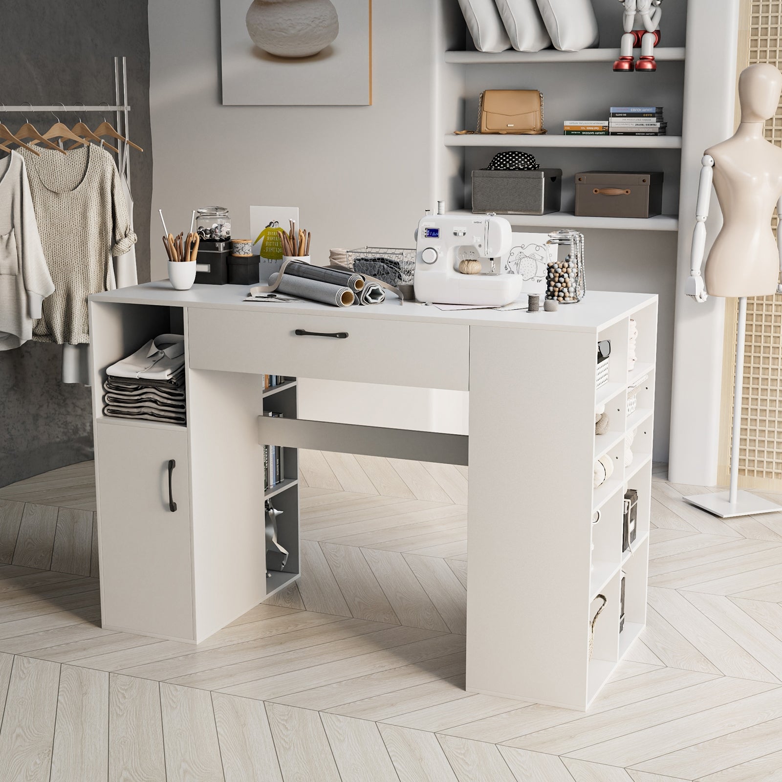 Counter Height Sewing Craft Table, Adjustable Shelves, Drawer, White Sewing Tables at Gallery Canada