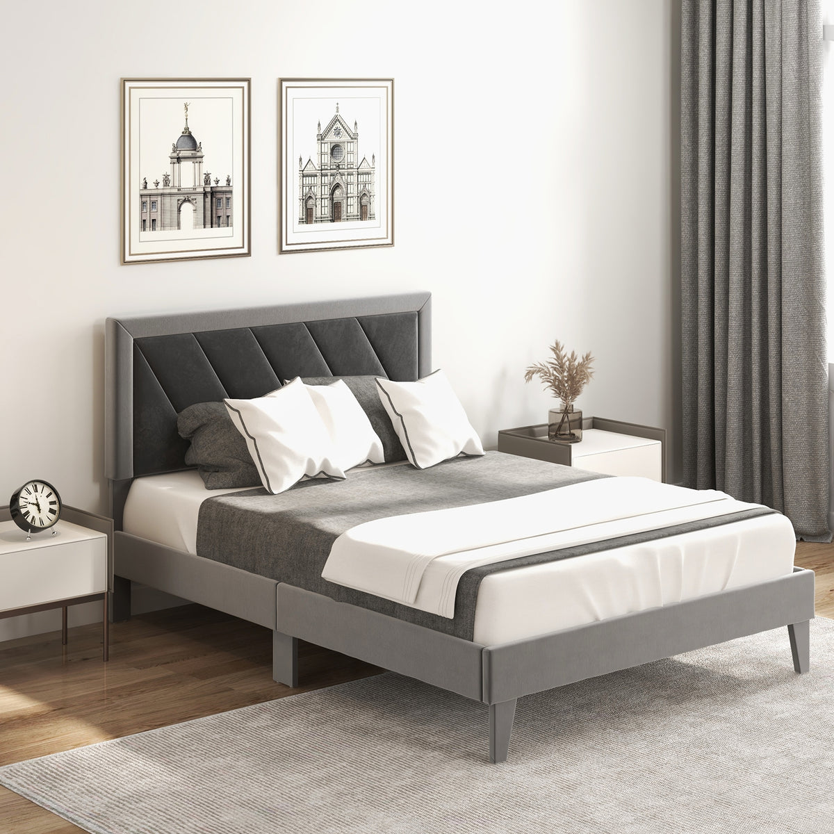 Full Size Platform Bed With High Headboard, Wooden Slats, Black Gray Simple Bed Frame at Gallery Canada