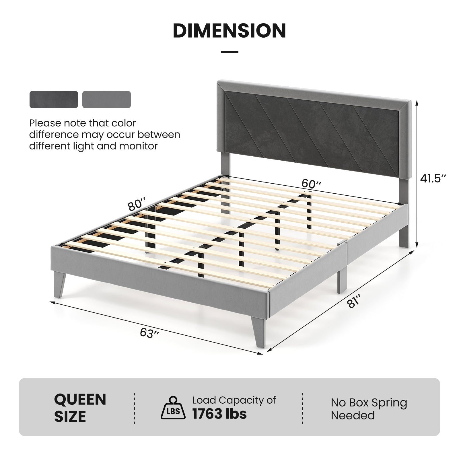 Queen Size Platform Bed With High Headboard, Wooden Slats, Black Gray Simple Bed Frame at Gallery Canada