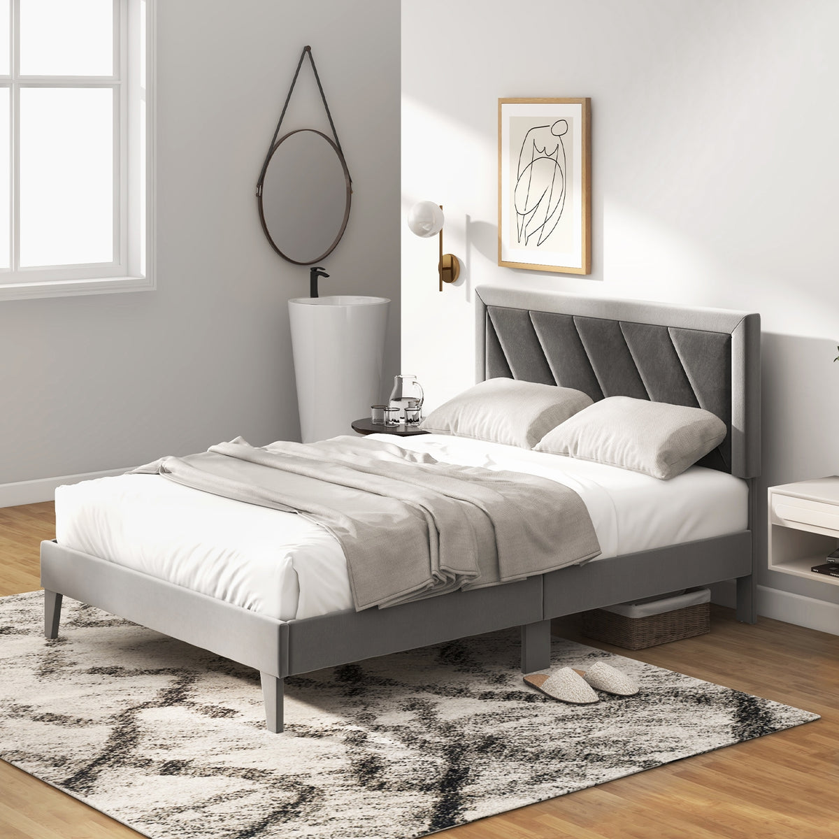 Full Size Platform Bed With High Headboard, Wooden Slats, Black Gray Simple Bed Frame at Gallery Canada