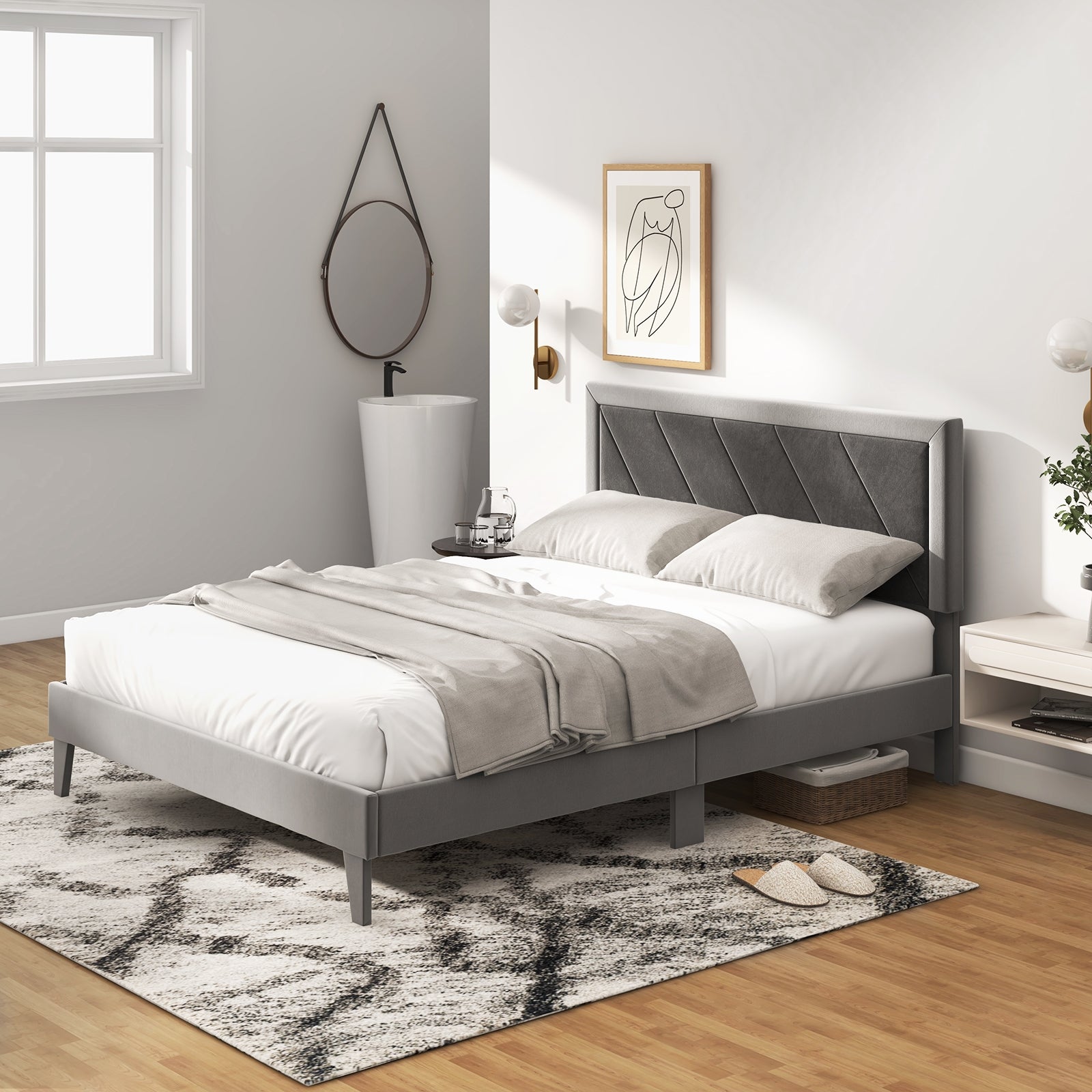 Queen Size Platform Bed With High Headboard, Wooden Slats, Black Gray Simple Bed Frame at Gallery Canada
