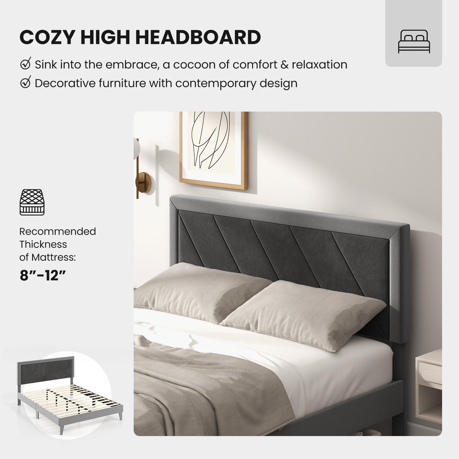 Full Size Platform Bed With High Headboard, Wooden Slats, Black Gray Simple Bed Frame at Gallery Canada