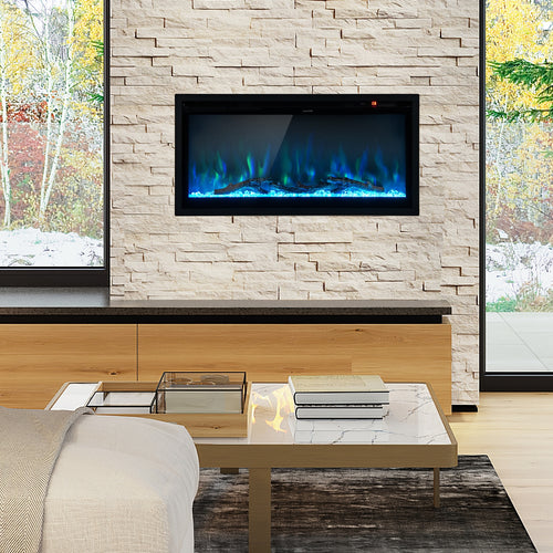Electric Fireplace, In-Wall Recessed, Remote Control, Adjustable Color, 36 Inches, Black